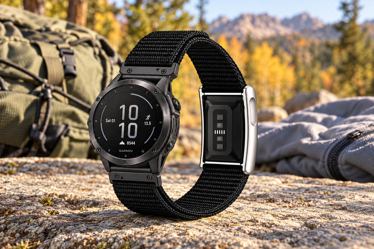 ساعة Garmin وجهاز WHOOP على سوار SYNCRBAND أسود بجوار معدات مشي جبلي في مشهد توضيحي لبداية مسار