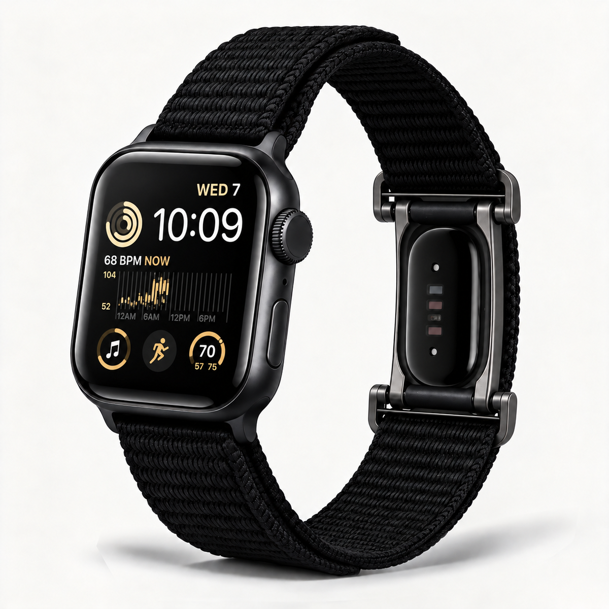 سوار SYNCRBAND أسود مزدوج مع Apple Watch وFitbit Air؛ الأجهزة غير مشمولة