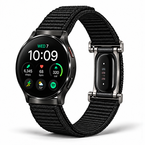 SYNCRBAND standard quick-release watch and Fitbit Air hybrid nylon band — view 1; devices not included