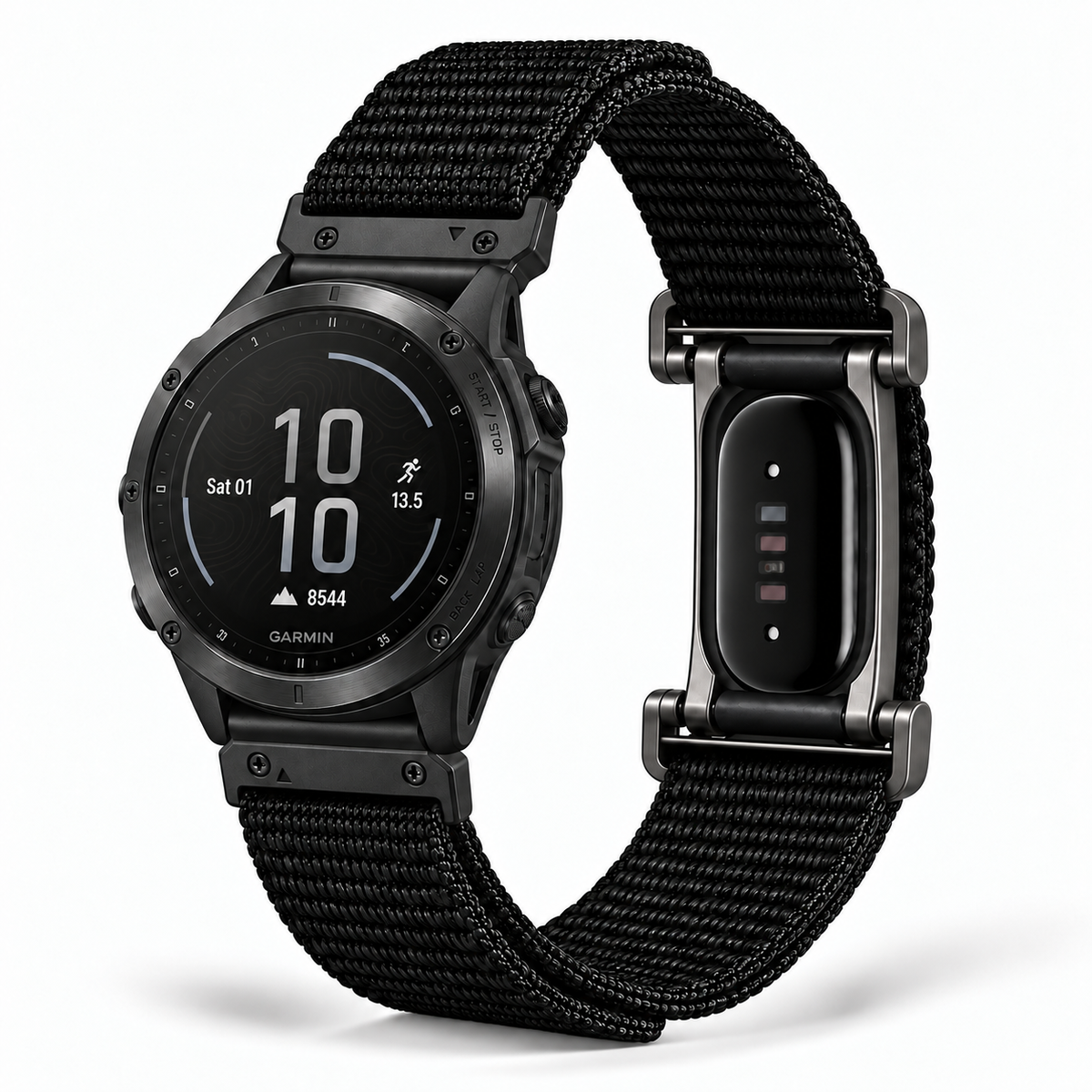 Garmin QuickFit watch and Fitbit Air on one Midnight Black hybrid nylon band; devices not included