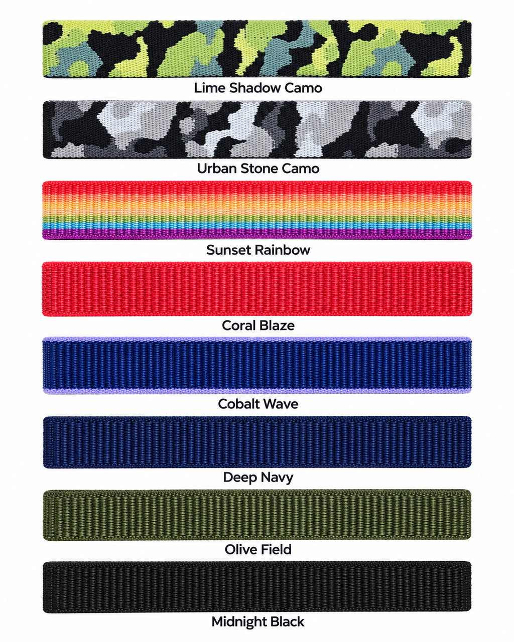 SYNCRBAND hybrid nylon band eight-color guide: Lime Shadow Camo, Urban Stone Camo, Sunset Rainbow, Coral Blaze, Cobalt Wave, Deep Navy, Olive Field, Midnight Black