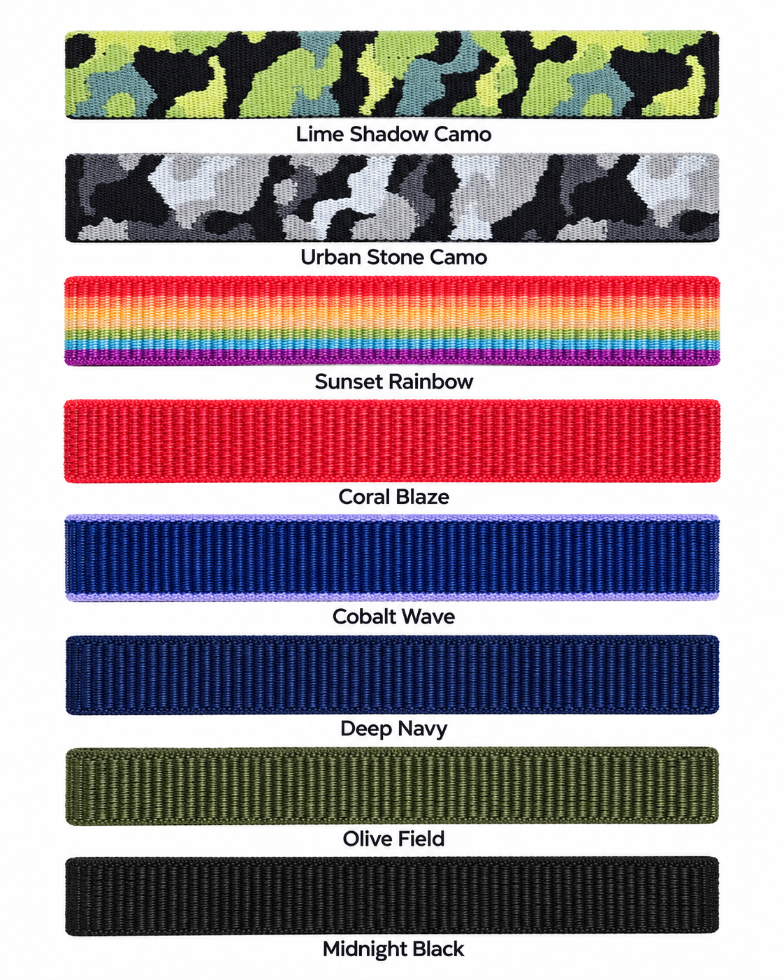 SYNCRBAND hybrid nylon band eight-color guide: Lime Shadow Camo, Urban Stone Camo, Sunset Rainbow, Coral Blaze, Cobalt Wave, Deep Navy, Olive Field, Midnight Black